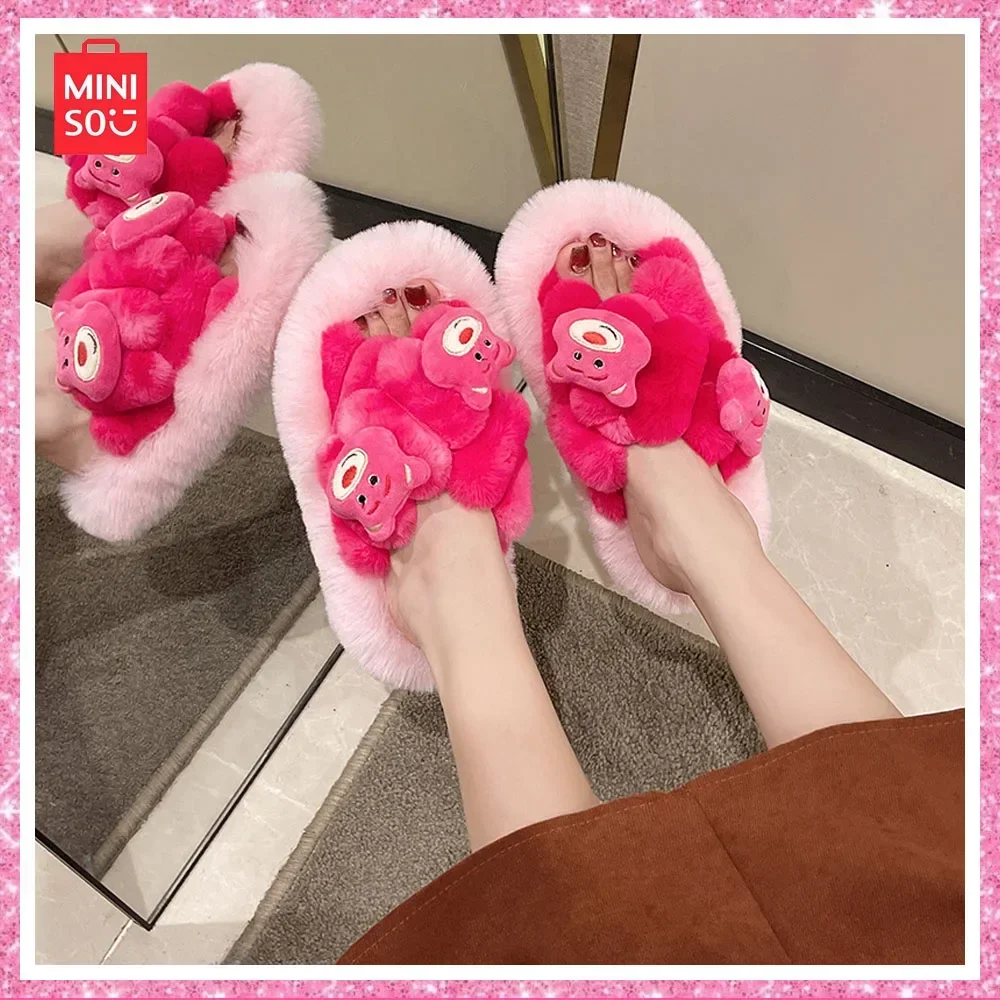 

2024 New Miniso New Lotso Cute Cartoon Girls Plush Slippers Home Indoor Outdoor Warm Cotton Slippers Birthday Gift