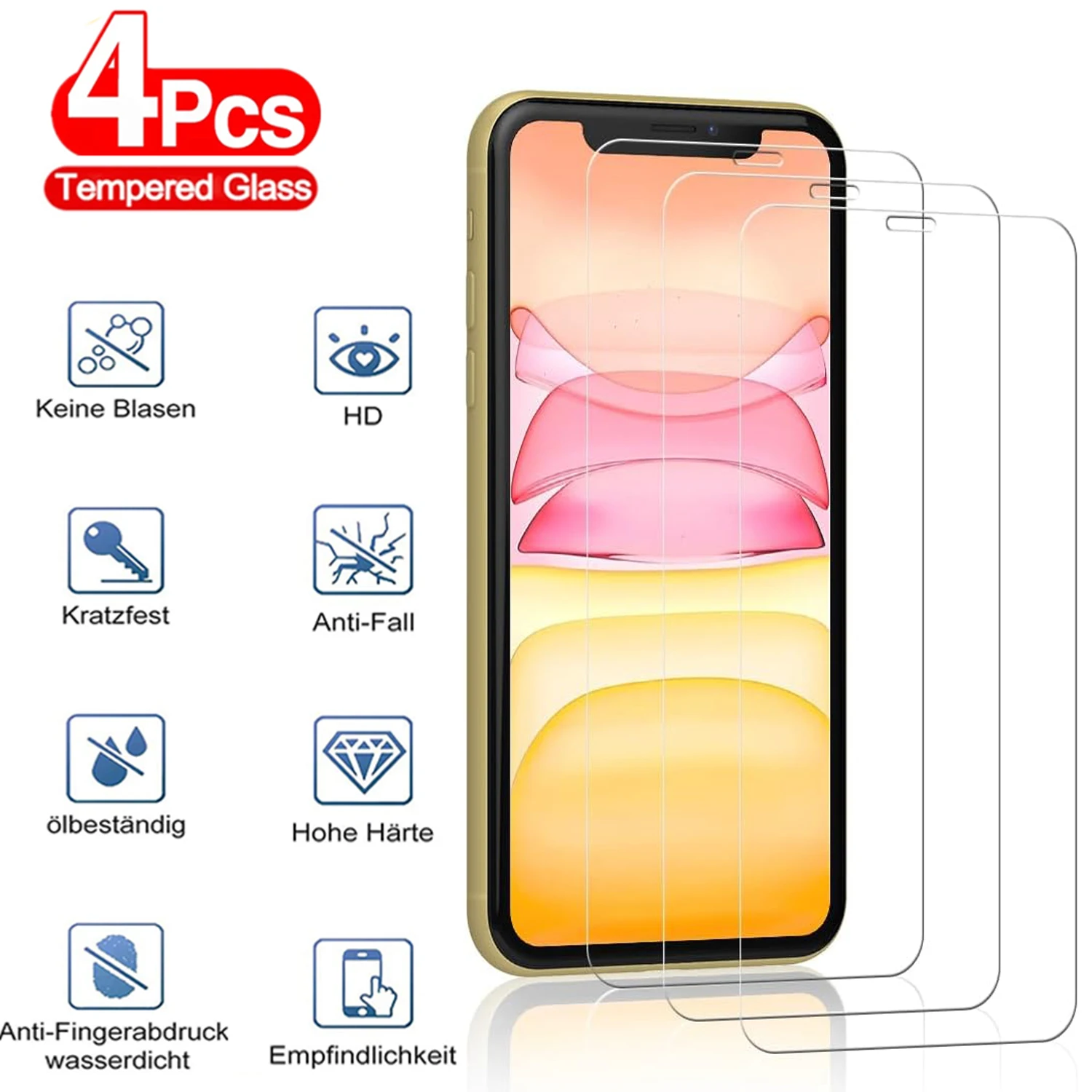 

4Pcs Tempered Glass For iPhone 15 14 13 12 11 Pro Max Screen Protector For iPhone 12 13 Mini 6s 7 8 14 Plus SE2022 X XS XR Glass