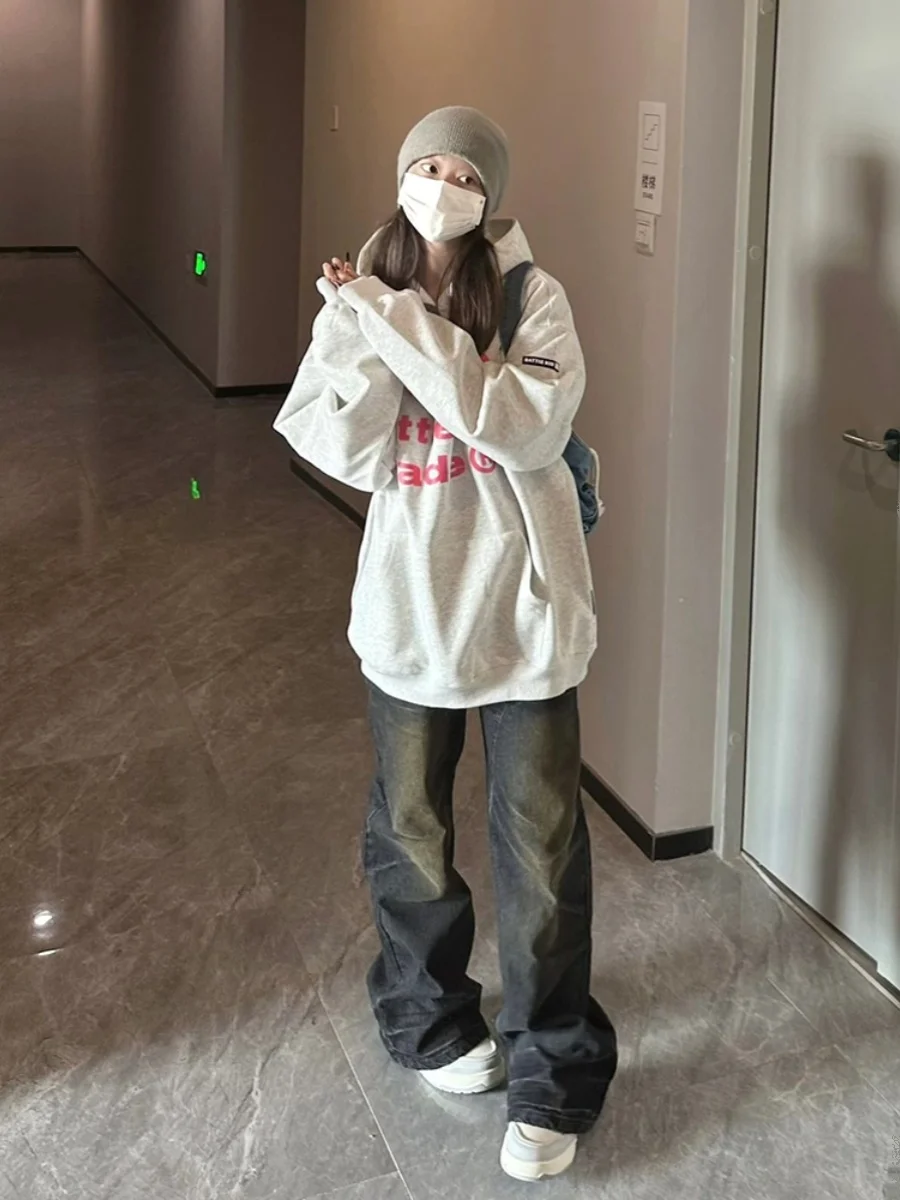 Grey Letter Printed Hooded Sweater For Women Autumn Loose Oversize American Couple Hoodies Top