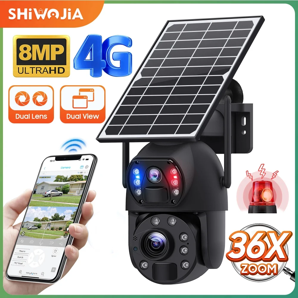 SHIWOJIA 36X Zoom 4G LTE Solar Security Camera 8MP Night Vision
