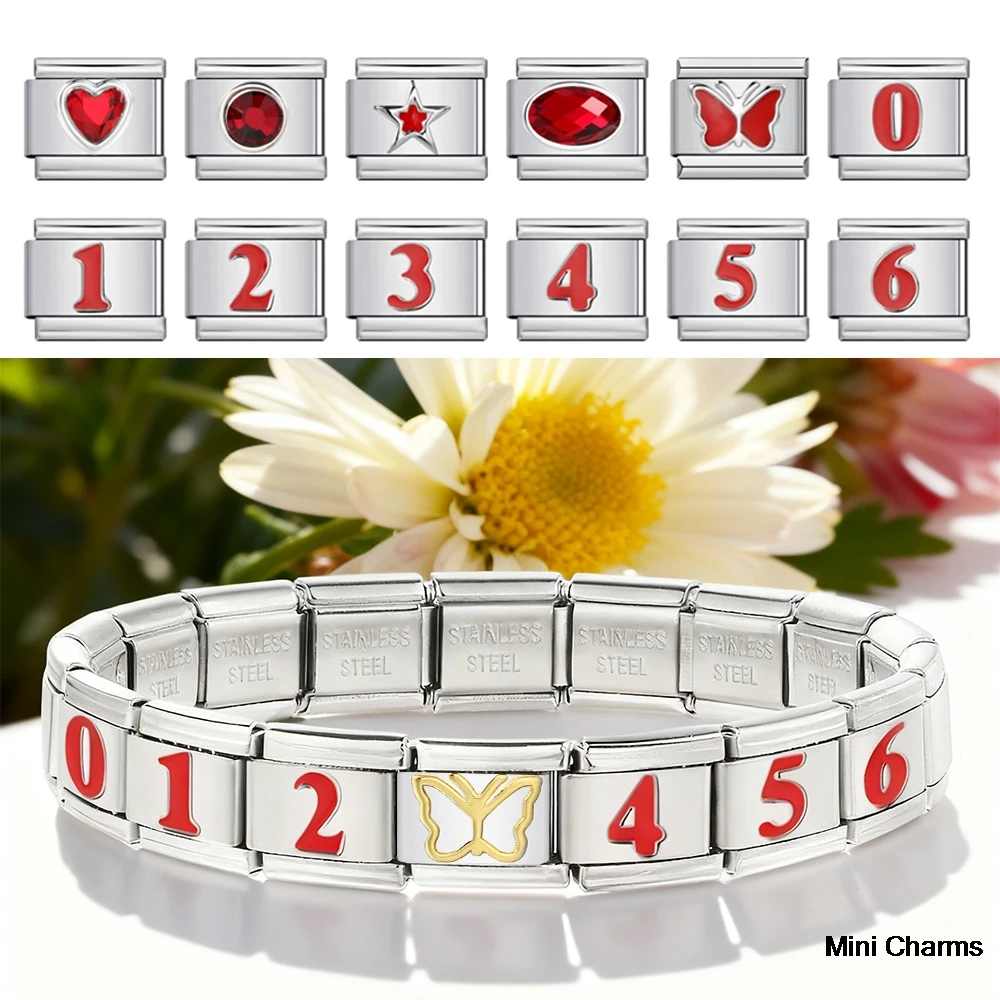 Mode Glasur Rot Schmetterling Nummer 0/1/2/3/4/5/6/7/8/9 italienische Charm Link Fit 9mm Edelstahl DIY Herstellung Perlen Hand Kette