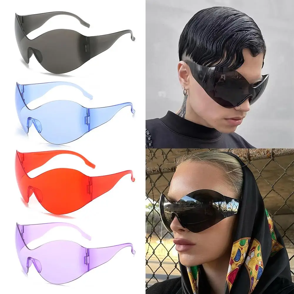 

Trendy Shades for Beach, Outdoor Rimless Wrap Around Y2K Sunglasses Oversized Futuristic Sunglasses Black Sun Glasses