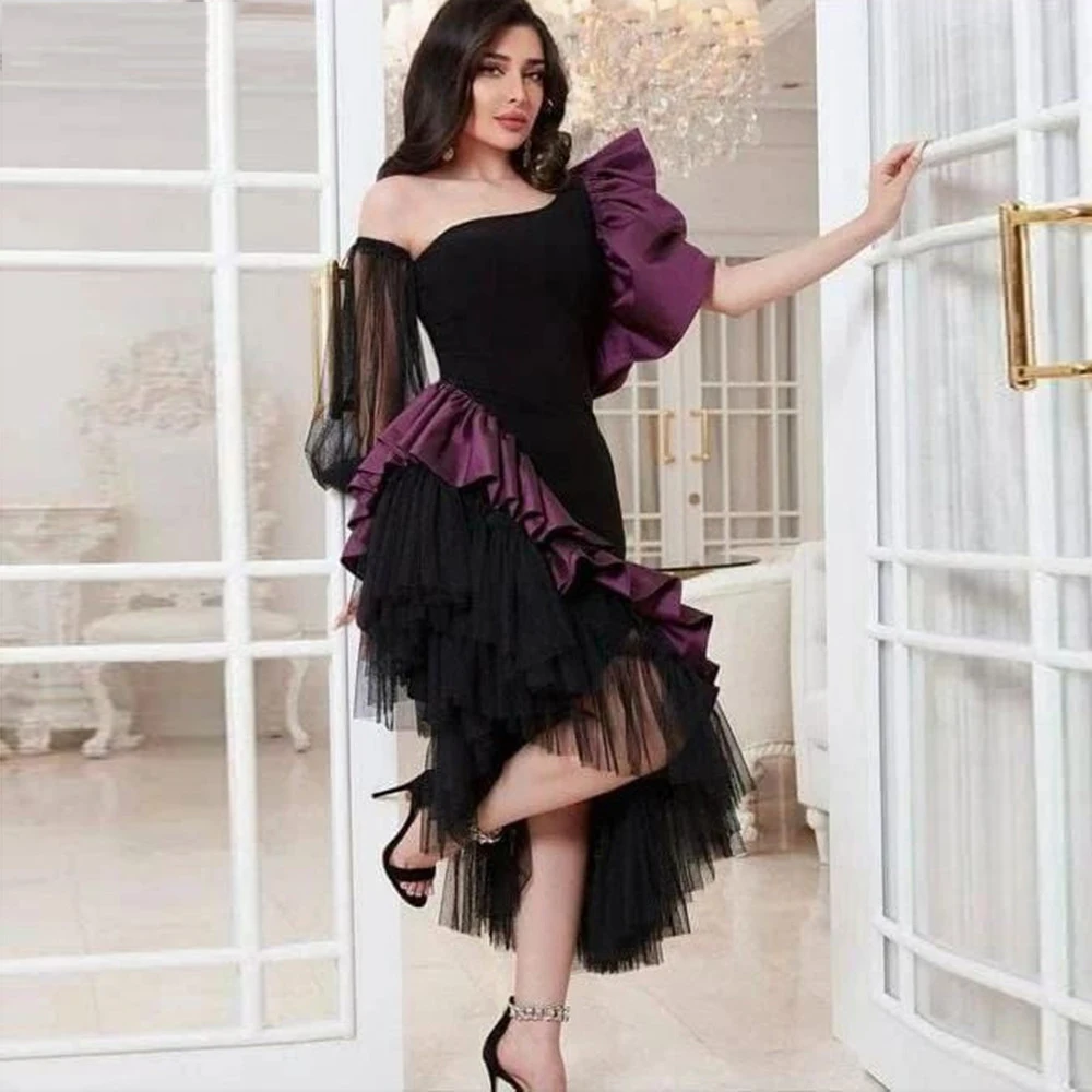 

Musetta Black Purple Arabia Prom Dress Asymmetrical Short Sleeves Satin Tulle Midi Formal Evening Party Gowns Dubai soirée