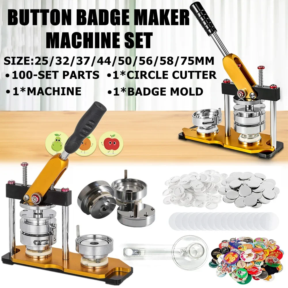 

DIY Badges Maker Machine Set, DIY Pin Badges Press with 100 Pcs Part+Circle Cutter+Mold+Tool, 25-75MM Badge Button Maker Machine