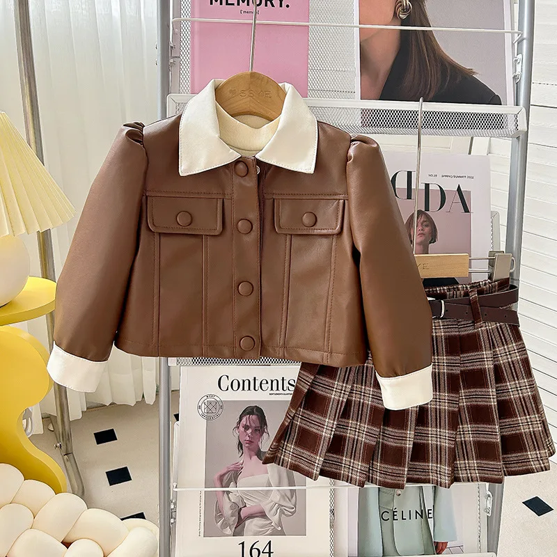 

Jackets Girls Short Leather Jacket New Korean Baby Fashionable Versatile Coat Childrens Clothing Turn Down Collar