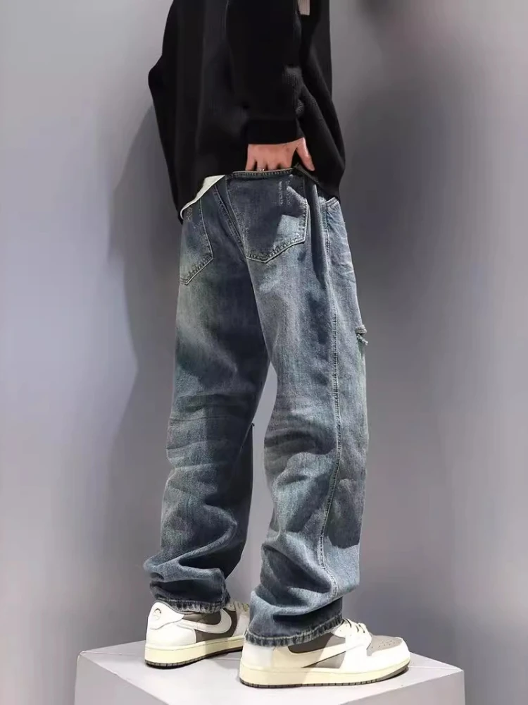 Men's Ripped Jeans Baggy Straight Vintage Denim Pants Hip Hop Trousers
