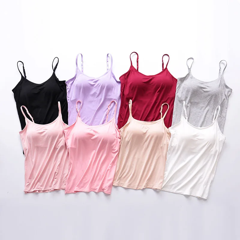 Sports Tank Women Summer Padded Tank Top Soft Casual Bra Ladies Spaghetti Cami Top Vest Female Camisole Built In Bra Adjustable Strap