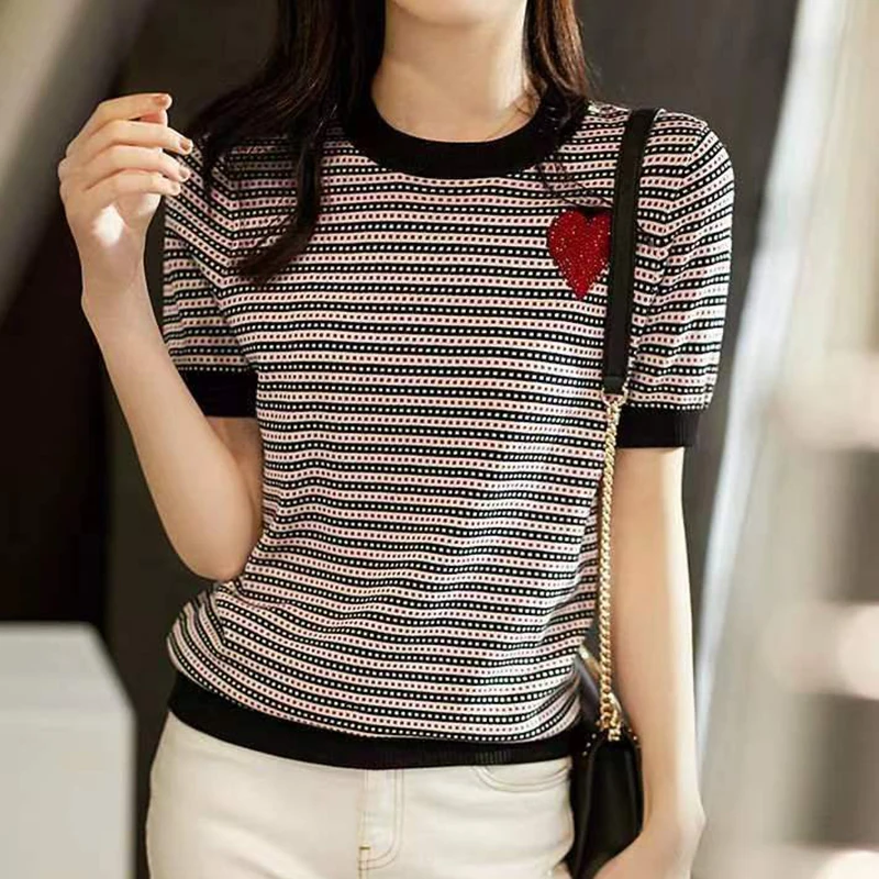 

Camisetas 2023 Summer Ice Silk Tshirts Women Thin Striped Love Short Sleeve T Shirt O Neck Knitted Tops Female Womens Clothing