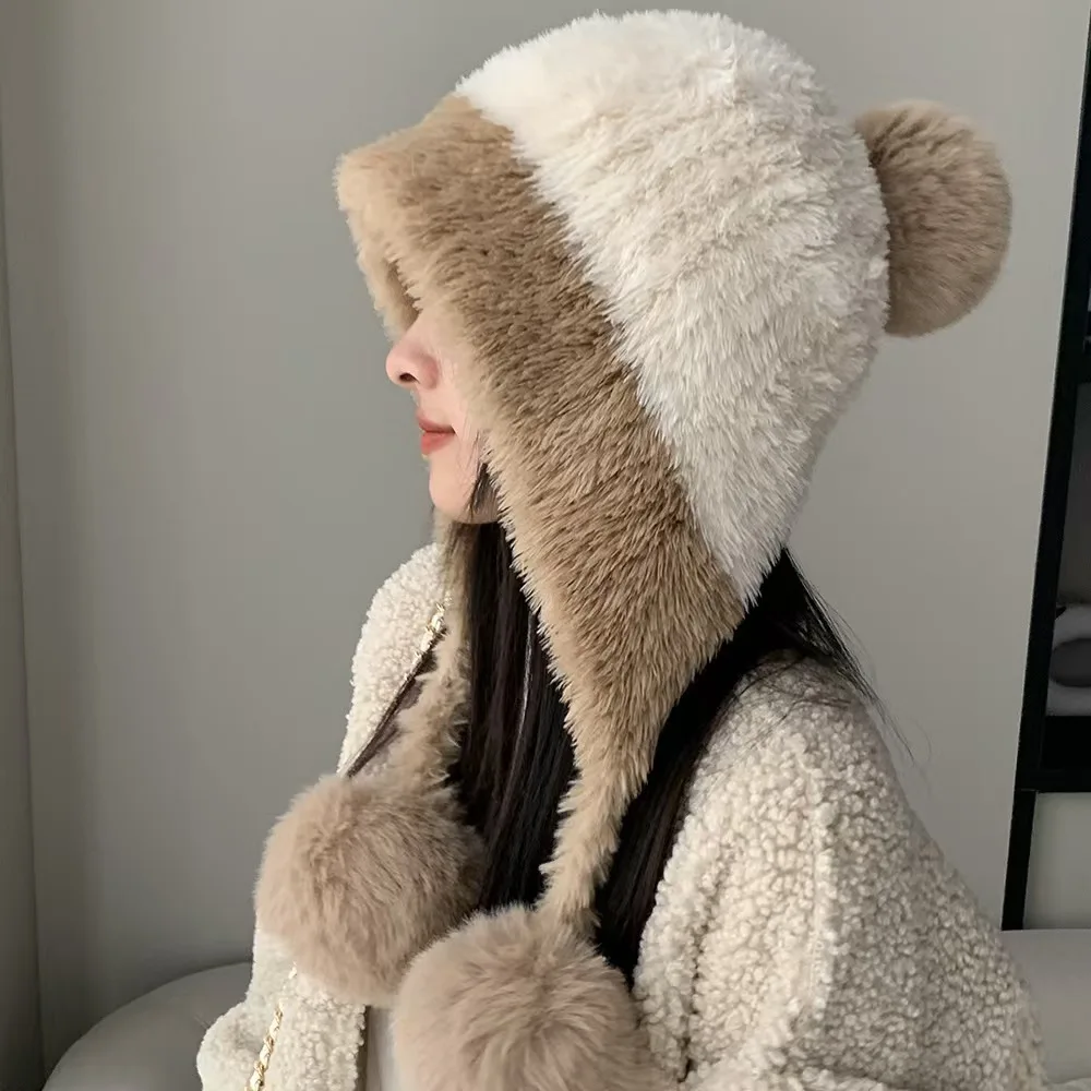 Fluffy Plush Women Beanie Cap Winter Warm Big Pompom Knitted Ear Protection Hat Windproof Snow Ski Female Earmuffs Caps 6