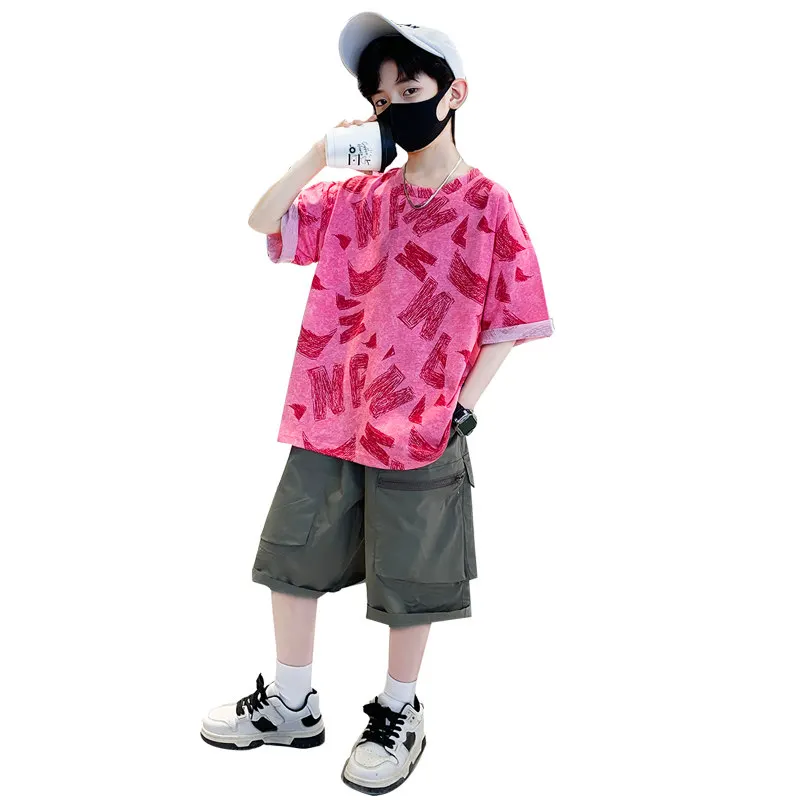 

Boys Sets Clothing Middle School Children Summer Cotton Leisure Short Tshirt Top + Shorts 2 Pieces Korean Outfits 5-14 Years Old