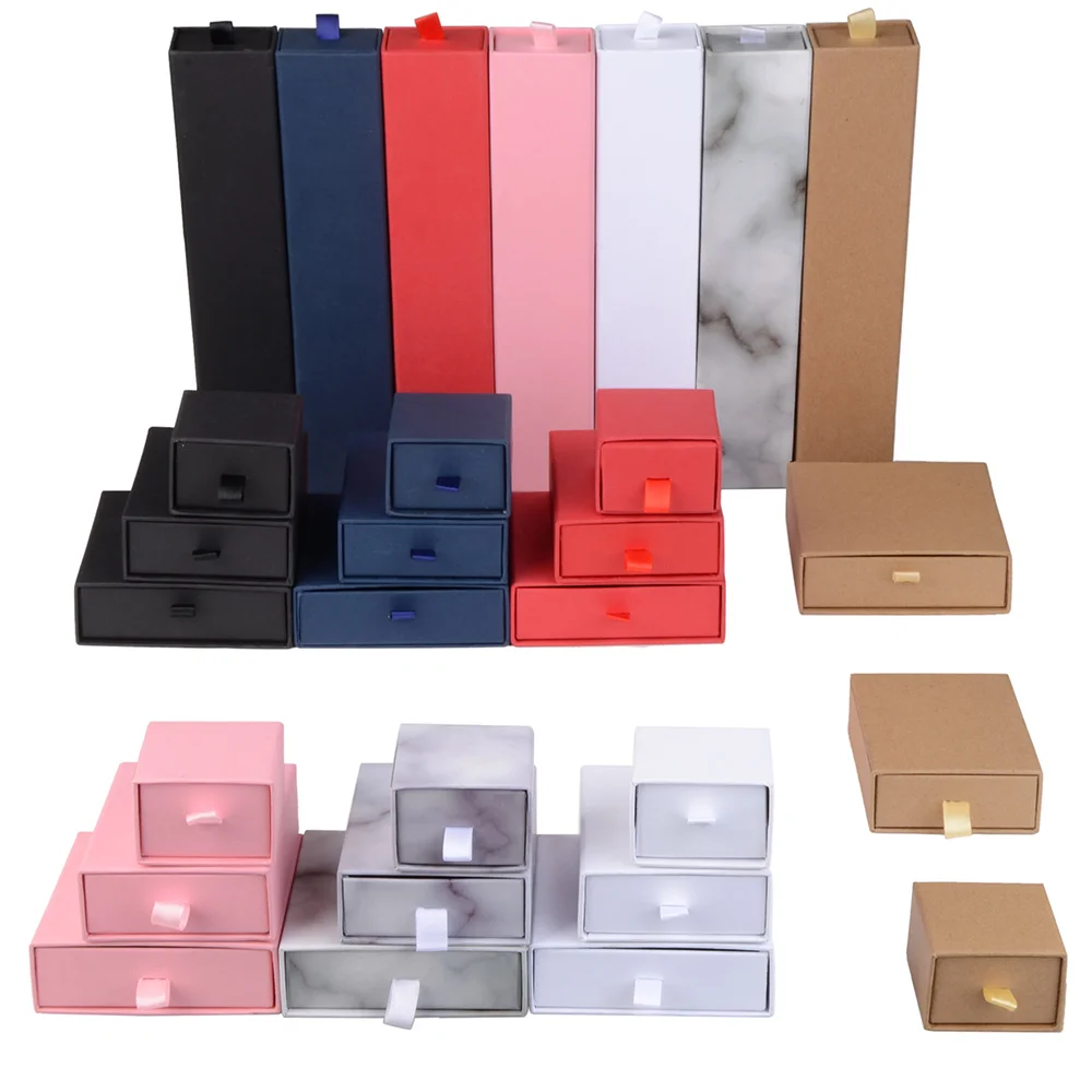 10 teile/los schmuck geschenk display verpackung box mit band kraft papier schiebe schublade ring halskette lagerung schwarzer schwamm gefüllt