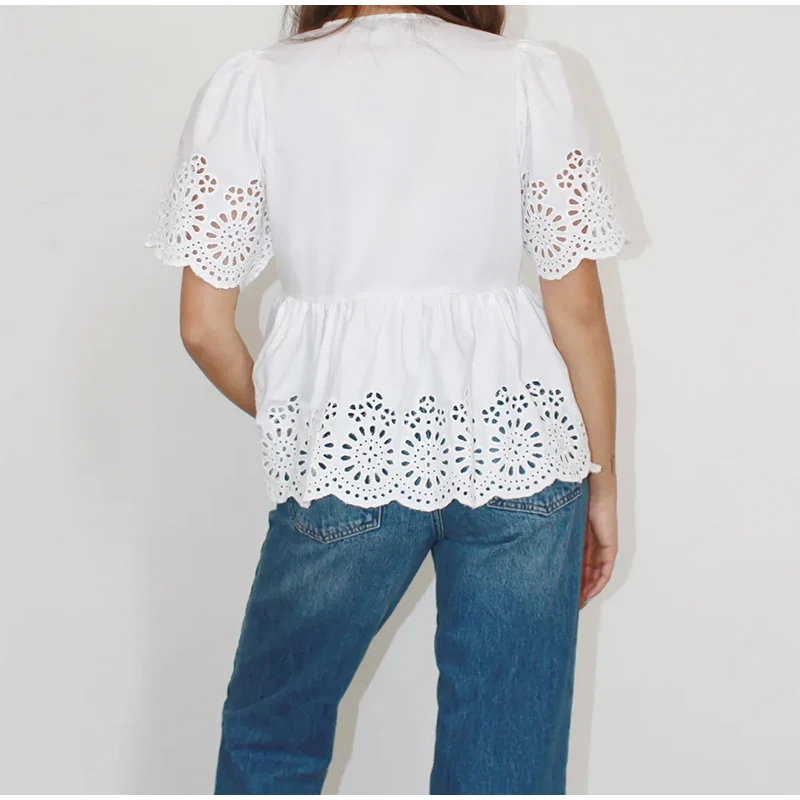 New Women Shirt Fashion White Hollow Out Lace Up Shirt Women Elegant Casual O Neck Short Sleeve Tops 2024 Spring Female Shirt