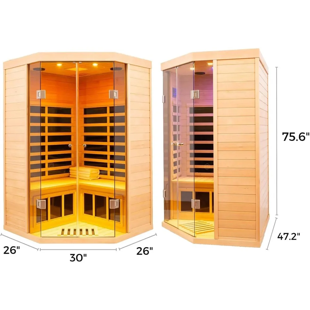 2-3 Person Low EMF FAR Infrared Sauna, Hemlock 2 Door Luxury Toughened Glass Indoor Saunas For The Home, 1520w, App & LCD 6