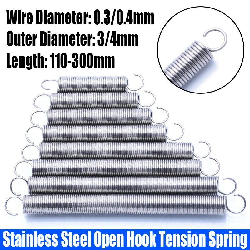 

1-5PCS 0.3/0.4mm Wire Dia 304 Stainless Steel Open Hook Tension Spring S Hook Extension Spring Coil Pullback Spring L=110-300mm