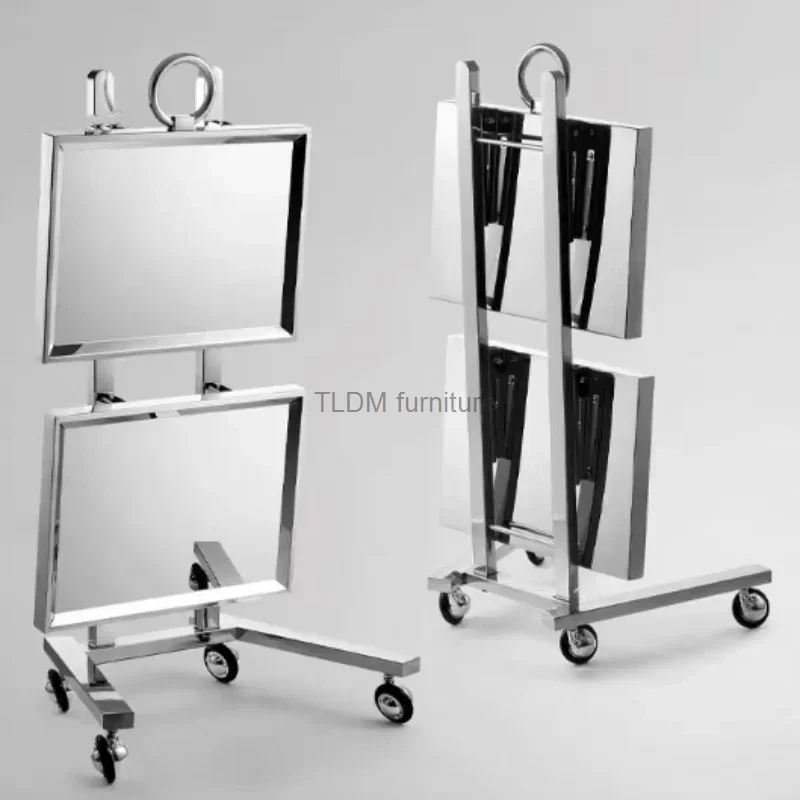 

Stainless Steel Auxiliary Cart with Wheels Beauty Salon Dyeing Trolley Cart Folding Bar Car Barber Shop Double Layer Trolleys