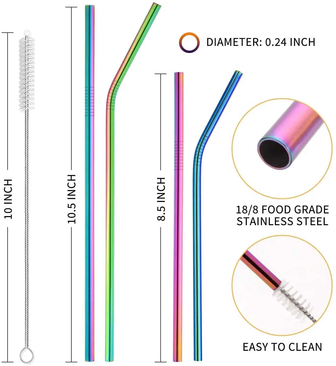 12-Pack Reusable 304 Stainless Steel Straws with Case Long Drinking Straw for 30 Oz and 20 Oz Tumblers Cups Cocktail Metal Straw