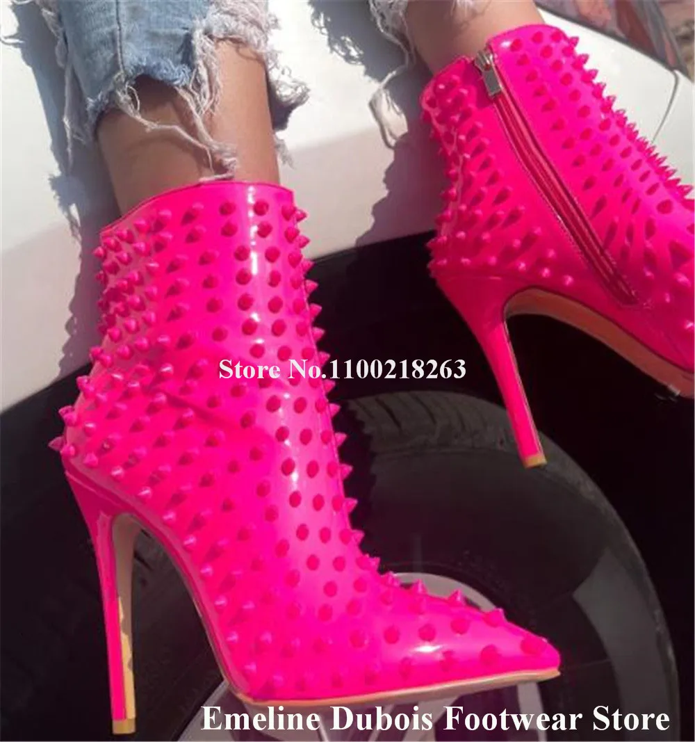 Sexy Rivets Short Boots Emeline Dubois Pointed Toe Pink Red White Studs Stiletto Heel Ankle Heels Party High Heels Boots