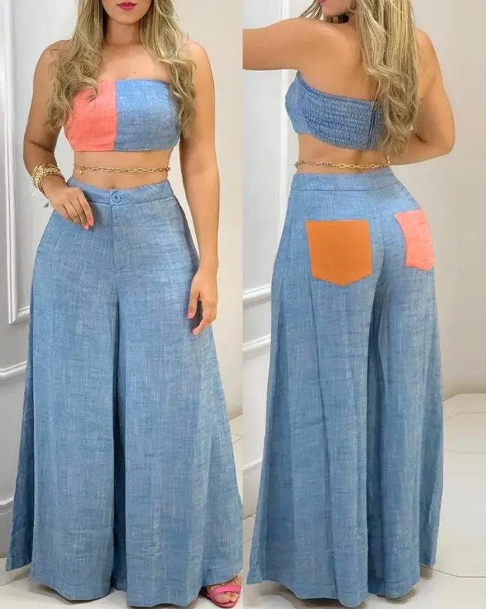 

Women Style Suit 2024 Summer Latest Fashion Sleeveless Colorblock Bandeau Shirring Top&zipper Daily Versatile Wide Leg Pants Set