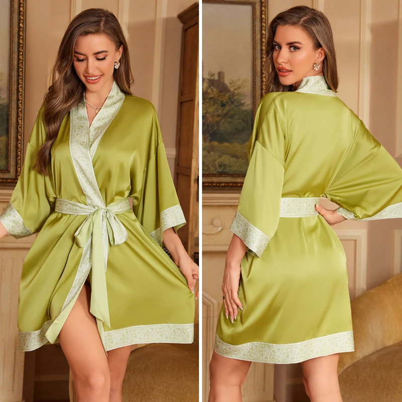 Navy Blue Floral Silk Satin Kimono-Style Nightgown