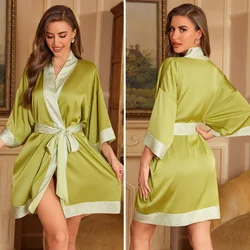 Navy Blue Floral Silk Satin Kimono - Style Nightgown - One Size (Fruit green)