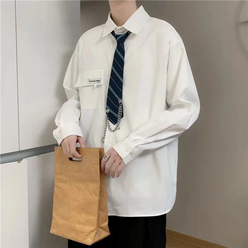 

2022 Men's Send Tie Chain White Shirt Fashion Trend Coats College Style Long Sleeves Shirts Lapel Collar Camisa Masculina M-2XL