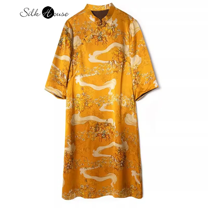 

Western Style Monochromatic Stand Up Collar 100% Natural Mulberry Silk Fragrant Cloud Gauze Women's Fashionable Printed Dress