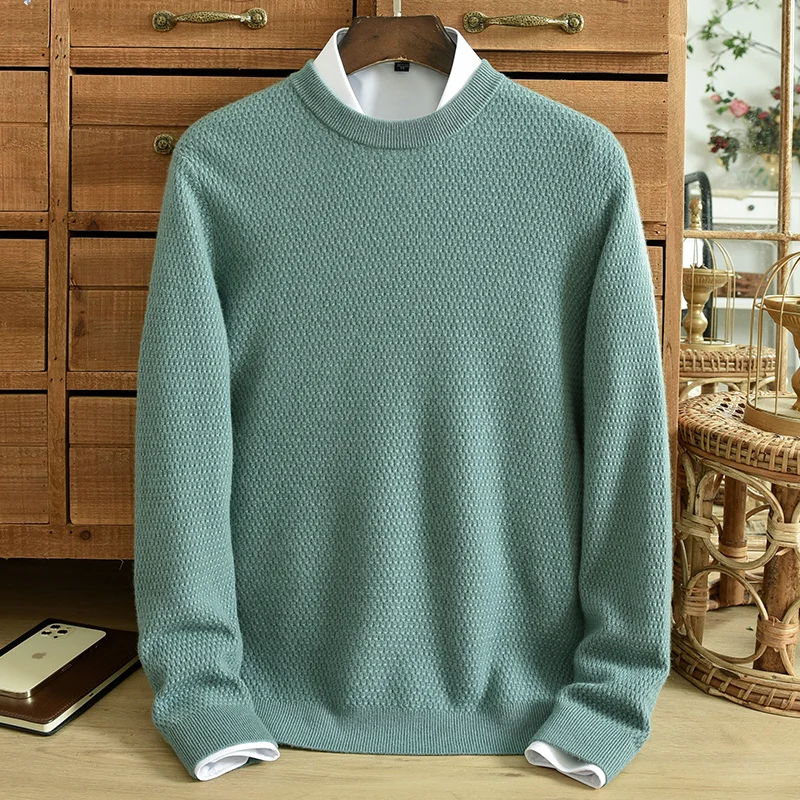 Thickened Pure Cashmere Sweater Men's Round Neck Youth Solid Jacquard Korean Edition Pullover Knitted Large Sweater Winter