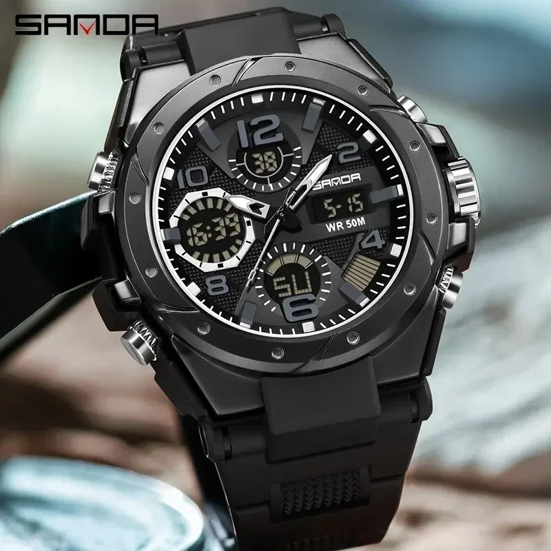 SANDA 6008 LED Dual Display Digital Electronic Mens Wristwatches Luxury Waterproof Sport Watch for Men Military Shockproof