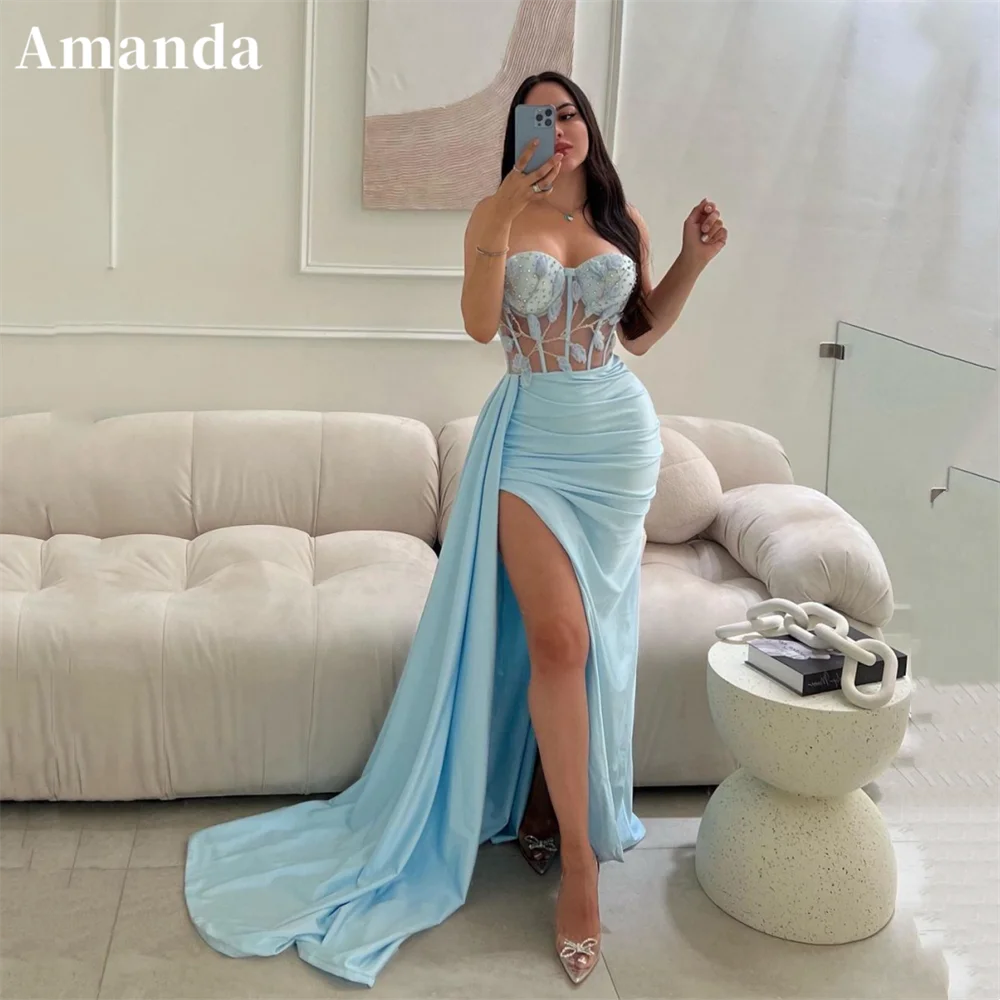 

Amanda Sexy Strapless Mermaid Evening Dress Side Split Fishtail Party Dress 2024 Baby Blue Lace Embroidery فساتين مناسبة رسمية