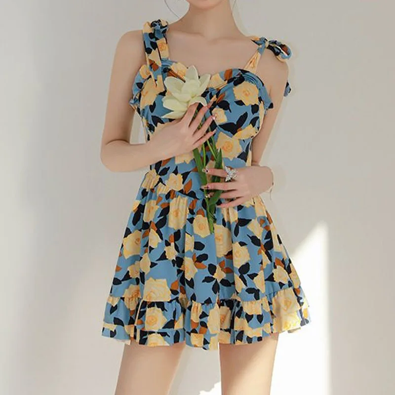Female Korean Sexy Printed Monokini One-Piece Suits 2023 Summer Fashion Square Collar Sling Swimwears High Waist Swimsuit Women