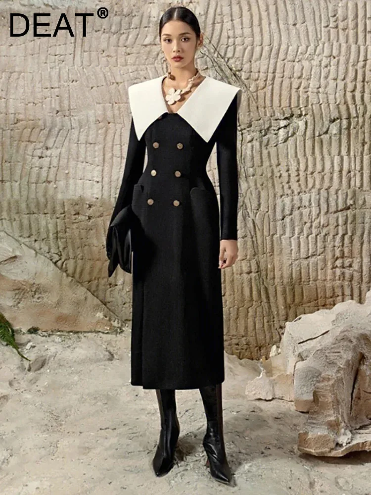 

DEAT Elegant Dress Double Breasted Panelled Big Lapel Long Sleeve High Waist Women's Dresses 2024 Spring New Fashion 13DB3489