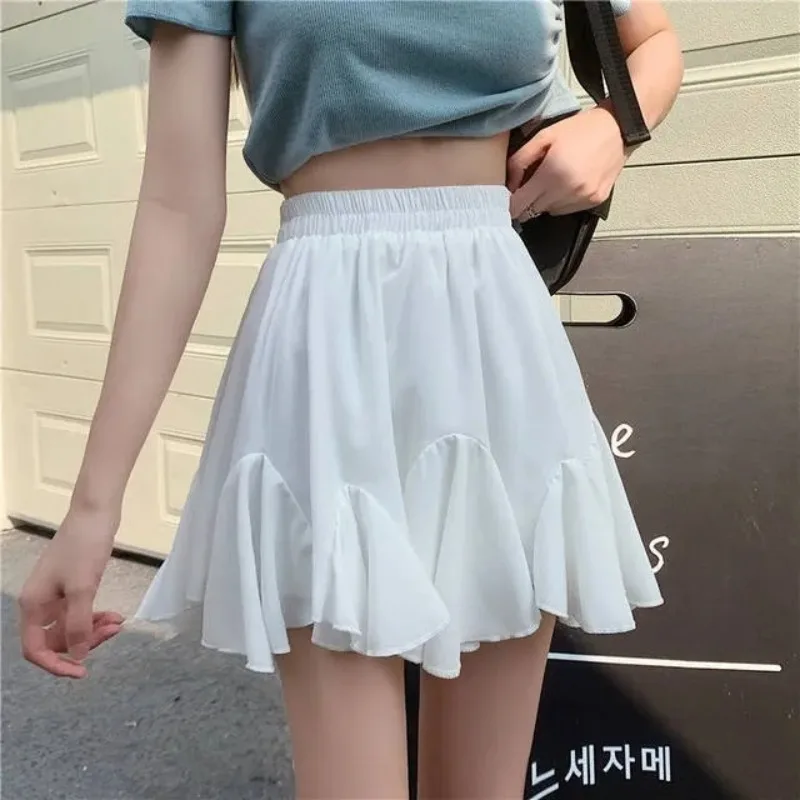 Ruffled Edge Skirt Elastic Waist Thin Women A-line Pleated Puffy Preppy Style Solid Color Simple Casual Korean Fashion Summer