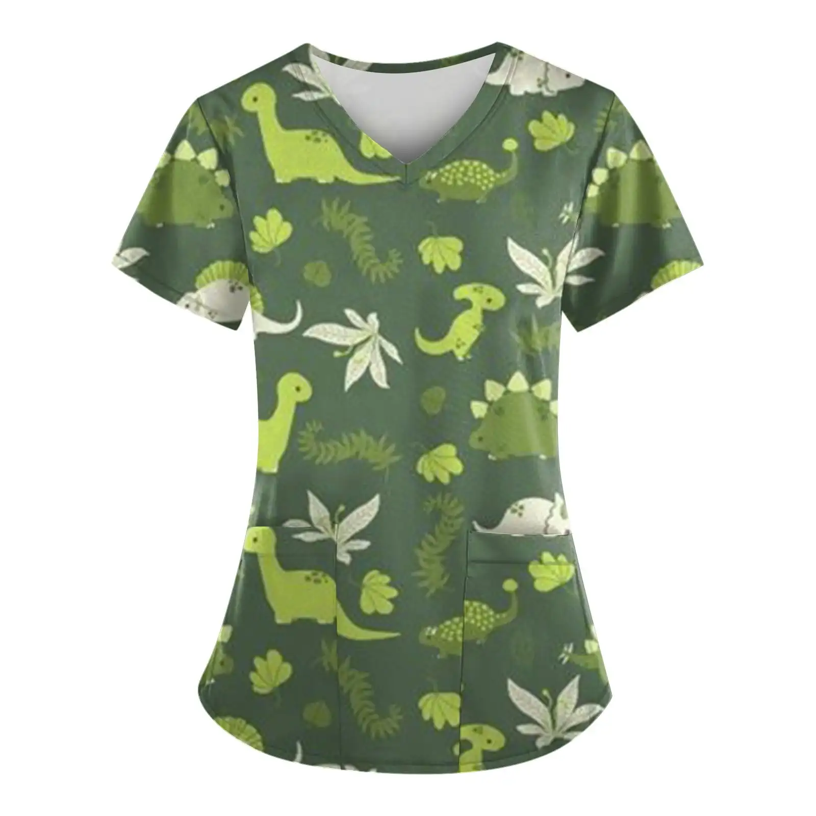 thumbnail image 1 of Uniformes quirúrgicos para mujer, estampado de dibujos animados de dinosaurios, camisetas de enfermería para el cuidado de la salud, cuello en V, microelástico, manga corta, uniforme clínico para muje, 1 of 5