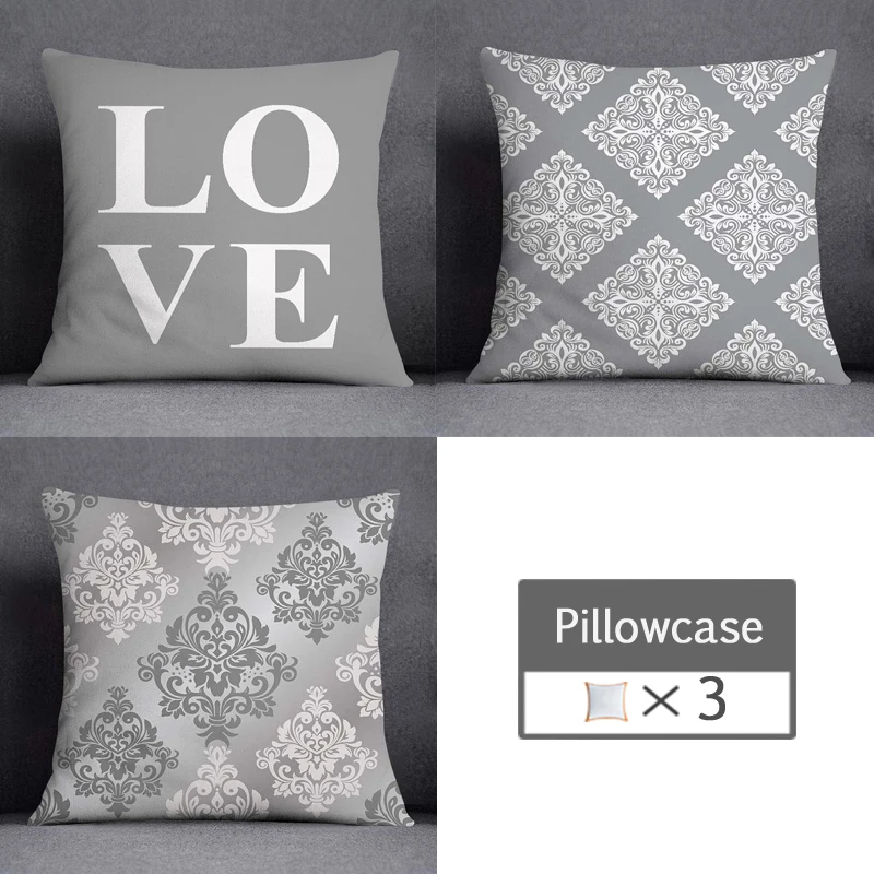 3pcs/lot 45X45CM Gray Lumbar Pillow Case Polyester Geometry Leaf Floral Stripes Plaids Print Sofa Throw Cushion Cover Home Decor 