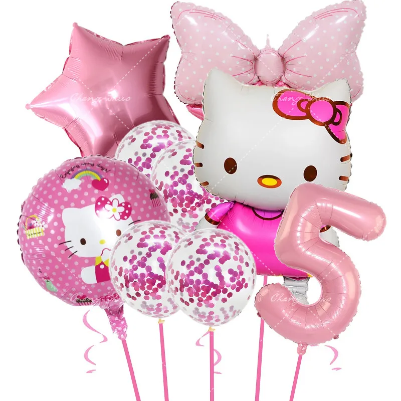 thumbnail image 1 of Juego de 9 globos de Hello Kitty de Sanrio con dibujos de gatos, globos de aluminio con números de 32 pulgadas para decoración de fiestas de cumpleaños de niñas, suministros para baby shower, 1 of 5