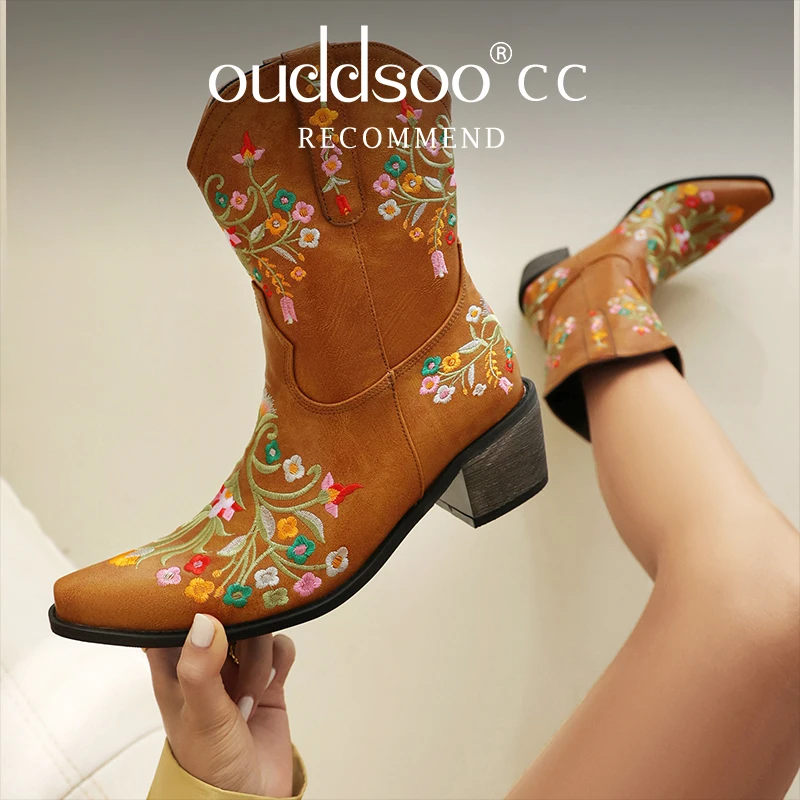

ODS Women Western Ankle Boots Roman Pointed Casual Booties Spring Winter Woman Artificial Leather Short Femal Retro Chaussures