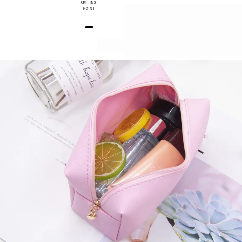 Girls Cute Solid Cosmetic Bag PU Leather Makeup Handbag Women Travel Toiletry Storage Pouch Waterproof Organizer Make Up Case 5