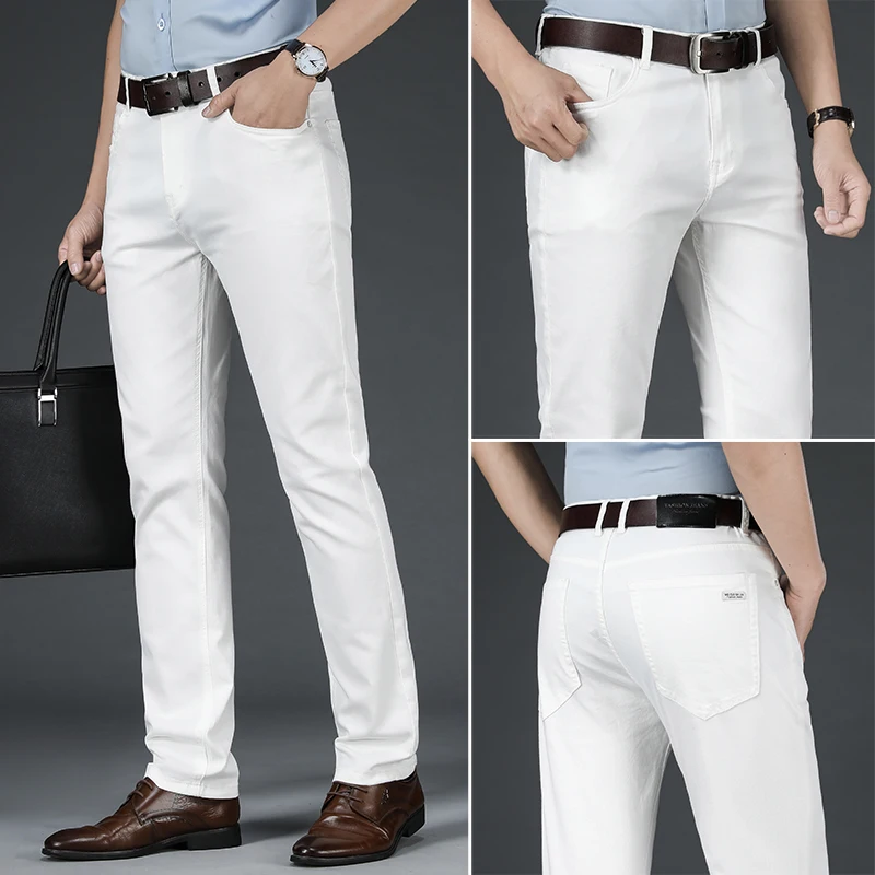 2022 ALL White Colors  Classic Elasticity Denim Trousers Male Brand Pants New Men\'s Straight Fit Pure Jeans Fashion Casual