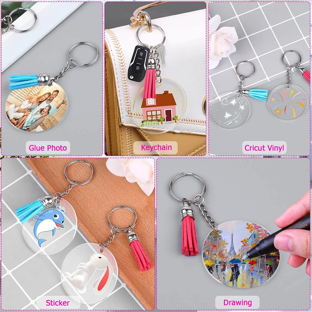 Acrylic Clear Circle Keychain Crafting Set with Tassel Pendants and Jump Rings - 40 Pieces