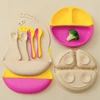4PCS Baby Silicone Tableware Sets Contrasting Colors Dining Sets Suction Plate Waterproof Bib Portable Baby Spoon Fork 1