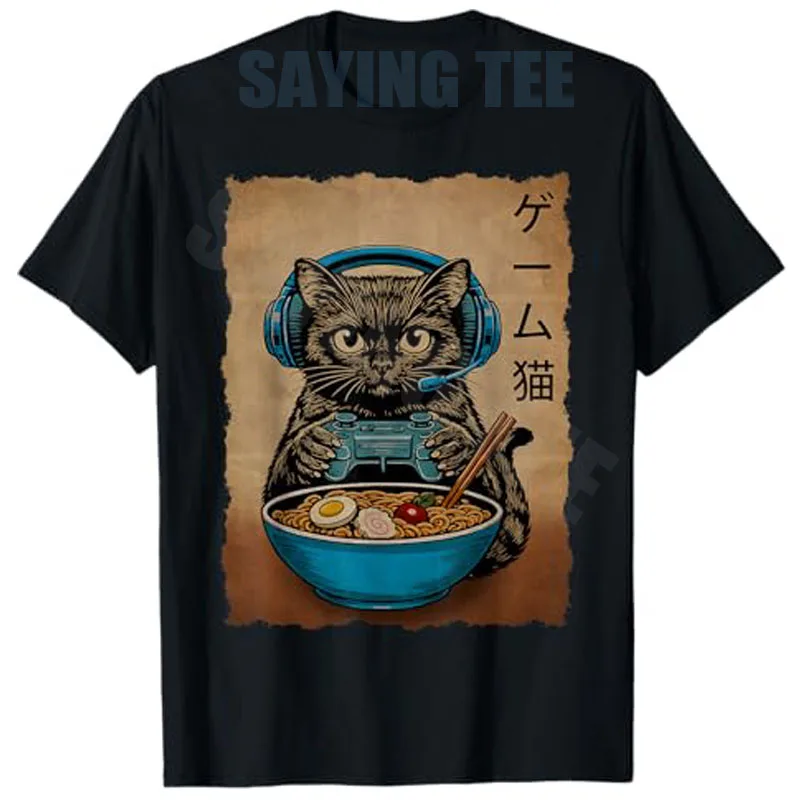 Gamer-Katze Lustige Geschenke für Teenager Jungen Japanische Ramen-Katze Gaming T-Shirt Y2k Anime Kätzchen Nudeln Essend Maga Grafik Kleidung Comic Tee