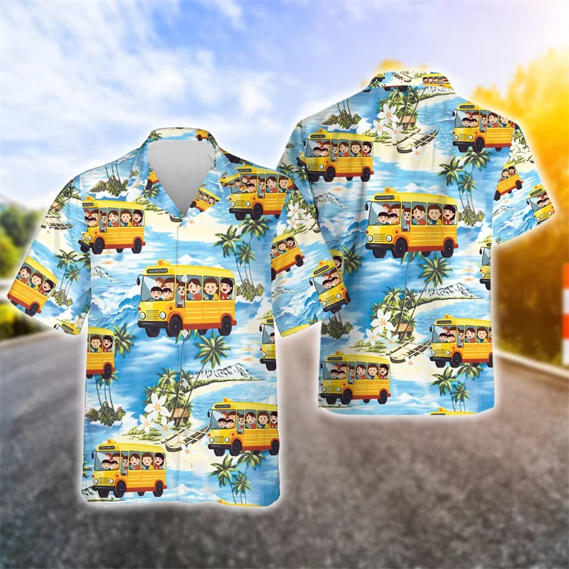 School Bus 3D Printed Shirts For Men Clothes Cartoon Car Driver Graphic Beach Shirt Funny Gift Aloha Lapel Blouse Hawaiian Tops 4