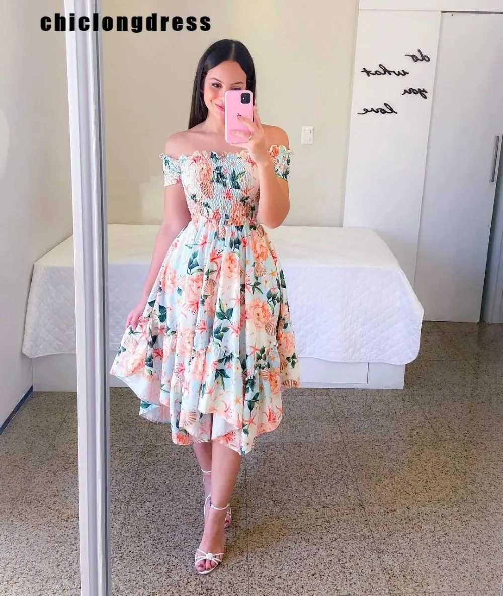 

2024 Summer Fashion Off Shoulder Flower Dress Elegant Slash Neck Short Sleeve Flower Print Elastic Irregular Dress Women