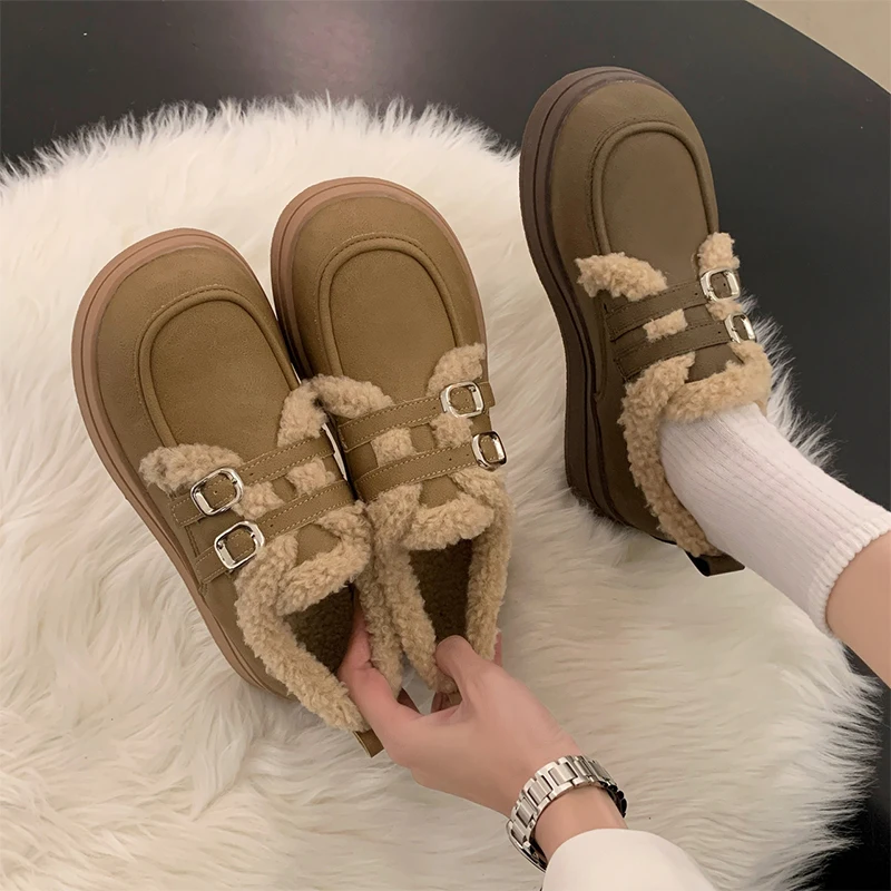 

Туфли женские с закрытым носком, повседневные кроссовки на платформе, лоферы, без застежки, мех, круглый носок, клоги, Осень-зима