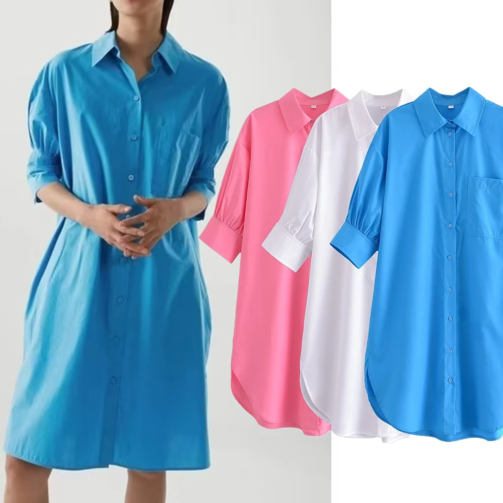 

Jenny&Dave Fashion Ladies Puff Sleeve Ladies Top Long Solid Color Shirt Women Commuter Casual Cotton Loose Blouse