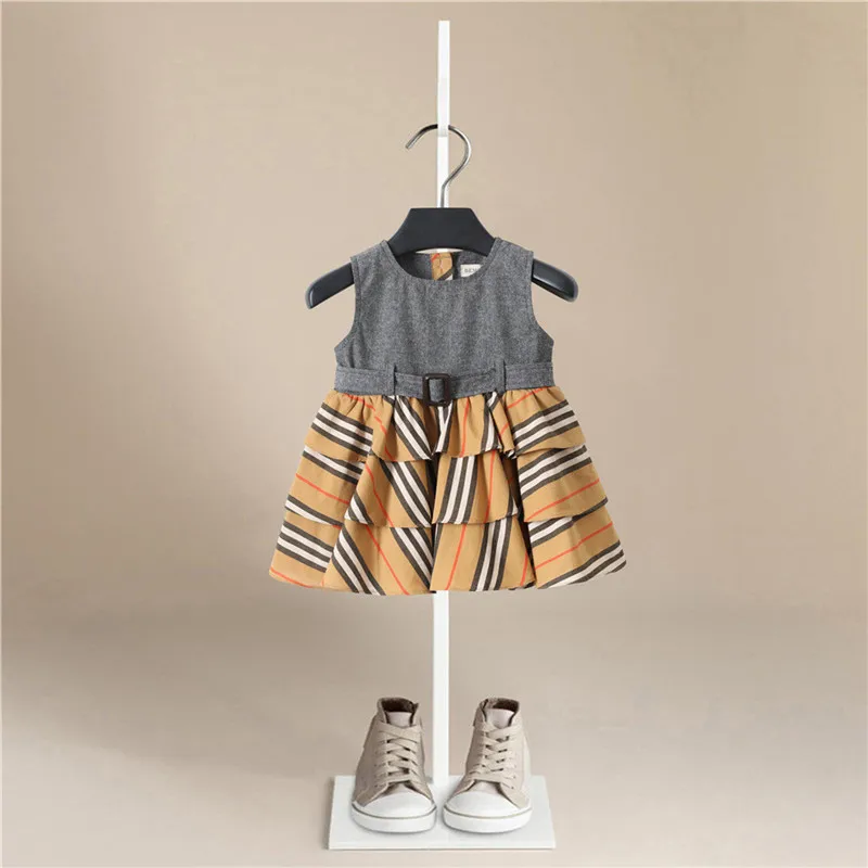 

Hot Selling Baby Girls Summer Striped Belt Dresses Kids Top Quality Cartoon Dress with Some Cute Splicing New Designed Dress
