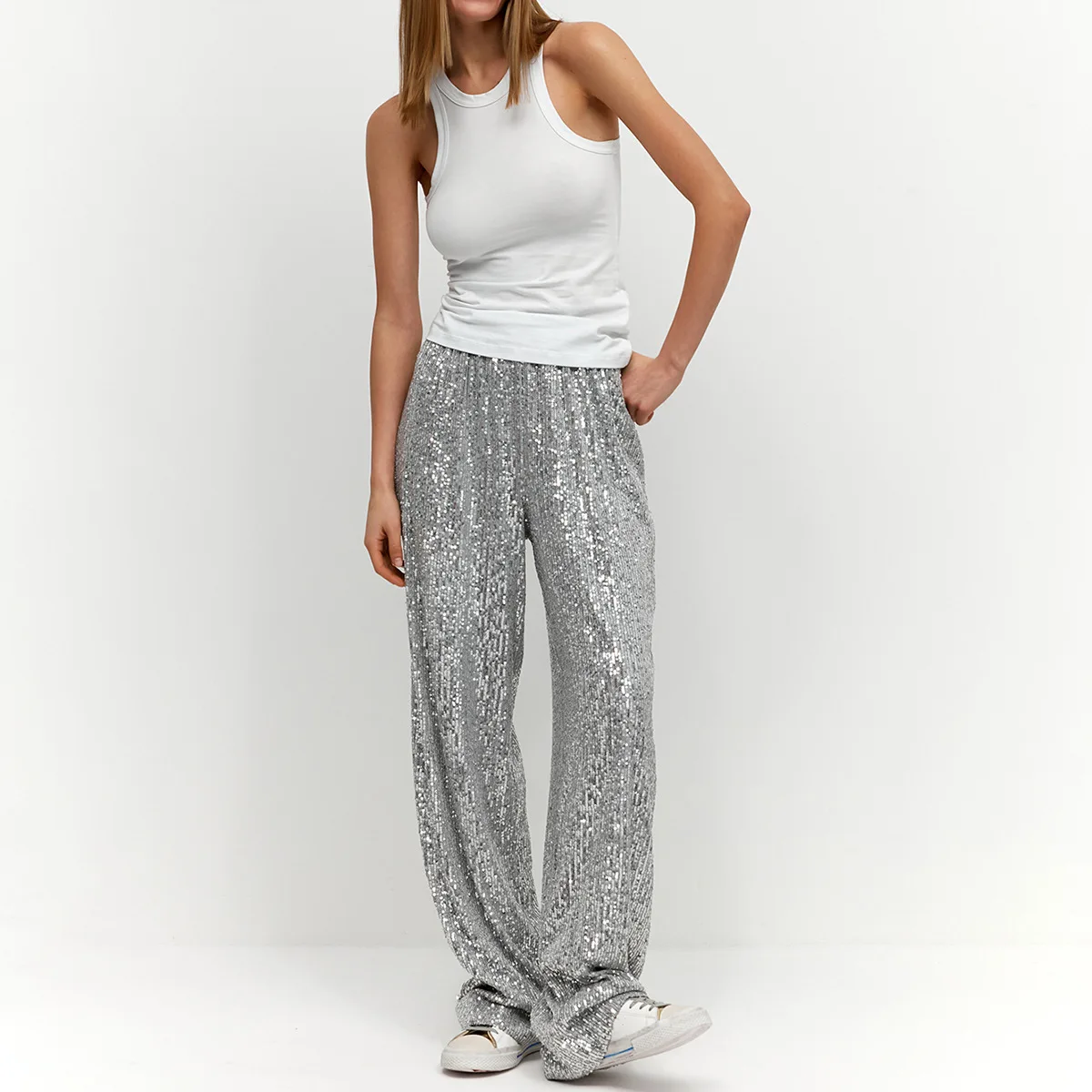 

Elegant Silk Sequins Women Pants 2023 Y2K Midi Waist Loose Long Wide Leg Pant Streetwear Classic Trousers Fashion Female Clothes