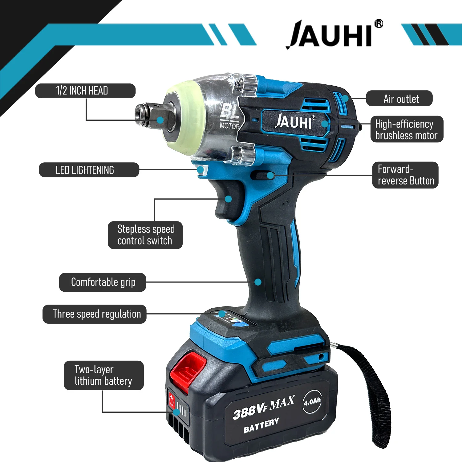 JAHUI 520N.m cordless Electric Impact Wrench 5200rpm Brushless Wrench 1/2inch Screwdriver For Makita 18V Battery Power Tools