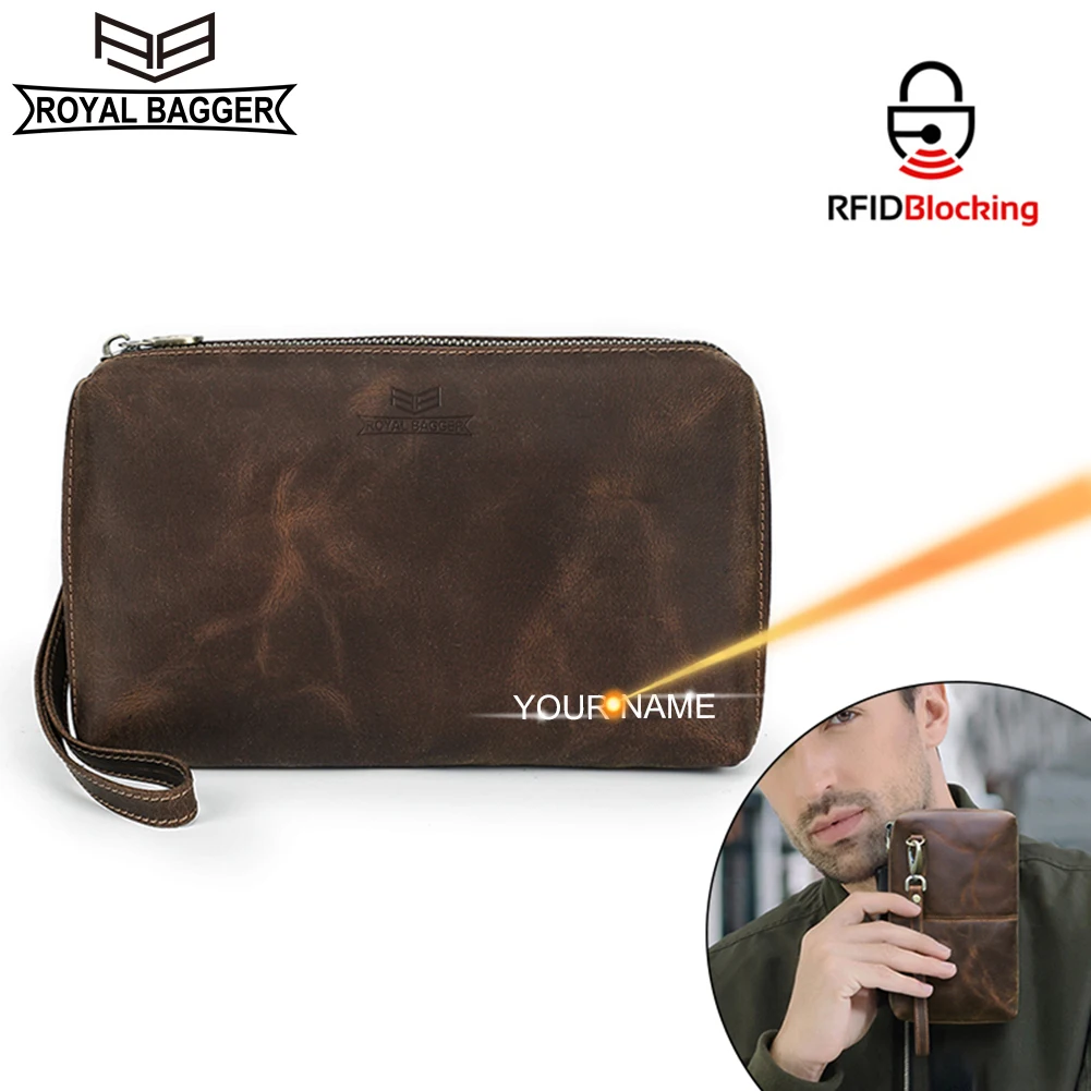 

Royal Bagger Men Clutch Bag RFID Genuine Cow Leather Long Wallet Phone Purse Large Capacity Travel Male Vintage Wrist Bags 1430