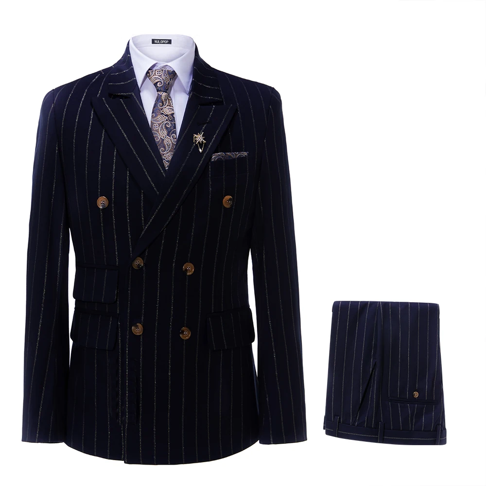 

Suits For Men Strip Pattern Elegant Outfits Peaked Lapel Navy Blue Double Breasted Wedding Groomsmen Formal Costume Custom Made